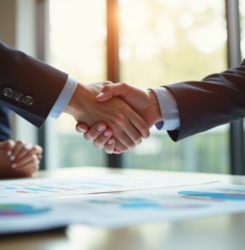 Partage des risques : exemples et stratégies efficaces à connaître Deux professionnels serrant la main dans un bureau lumineux