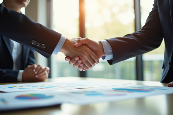 echange-affaires-confiance Deux professionnels serrant la main dans un bureau lumineux