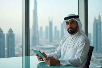 Homme Emirati en kandura dans un bureau moderne de Dubai