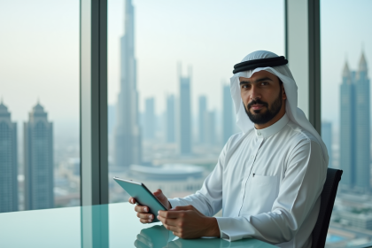 Homme Emirati en kandura dans un bureau moderne de Dubai