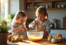 Enfant et parent dans la cuisine avec girolles fraîches