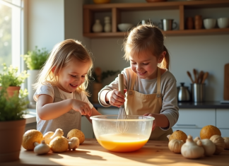 Cuisiner avec les enfants : l’omelette aux girolles facile Enfant et parent dans la cuisine avec girolles fraîches