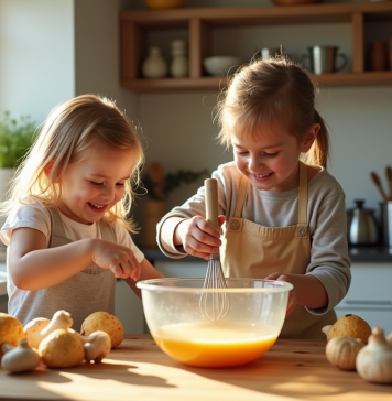 Enfant et parent dans la cuisine avec girolles fraîches