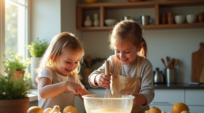 Enfant et parent dans la cuisine avec girolles fraîches