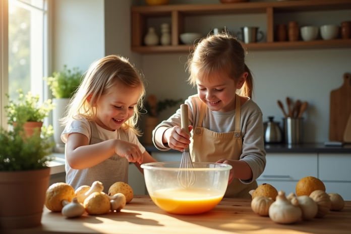 enfant-parent-cuisine-mushrooms Enfant et parent dans la cuisine avec girolles fraîches