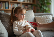 Fille en pyjama tenant un thermometre dans un salon chaleureux