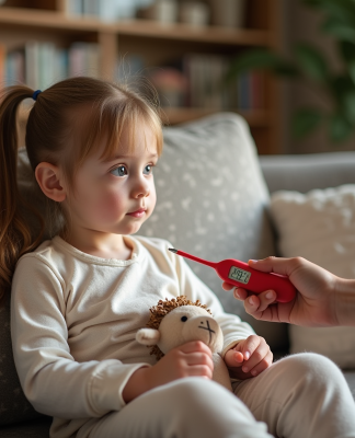 Fille en pyjama tenant un thermometre dans un salon chaleureux