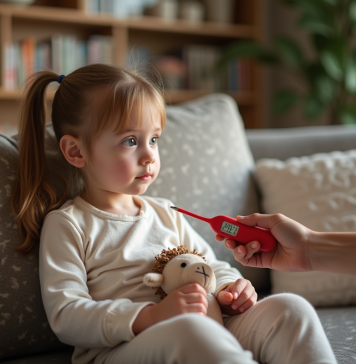 Maladies infantiles : les 4 premières à connaître ! Fille en pyjama tenant un thermometre dans un salon chaleureux