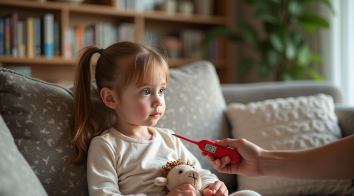 Fille en pyjama tenant un thermometre dans un salon chaleureux