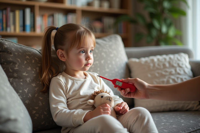 Fille en pyjama tenant un thermometre dans un salon chaleureux