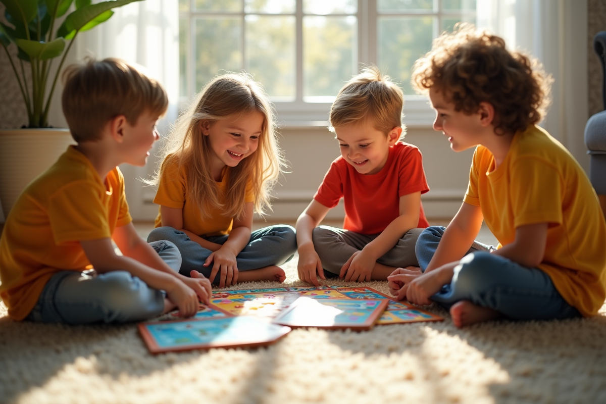 Enfants jouant ensemble à un jeu de société au sol