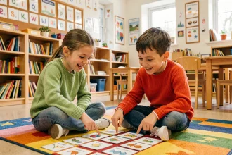 Deux enfants assis sur un tapis de classe qui jouent à un jeu de vocabulaire avec des cartes illustrées colorées