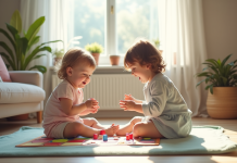 Deux enfants de 3 et 4 ans jouent ensemble à un jeu coloré