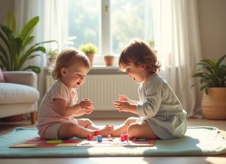 Deux enfants de 3 et 4 ans jouent ensemble à un jeu coloré