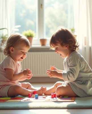 Deux enfants de 3 et 4 ans jouent ensemble à un jeu coloré