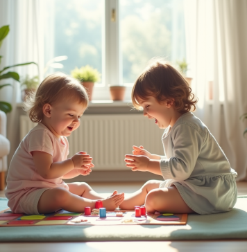 Deux enfants de 3 et 4 ans jouent ensemble à un jeu coloré