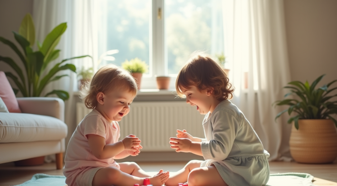 Deux enfants de 3 et 4 ans jouent ensemble à un jeu coloré