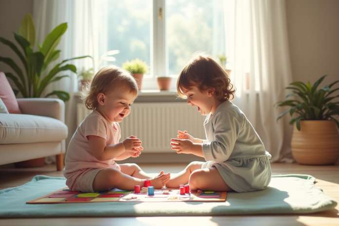 enfants-jeux-de-societe Deux enfants de 3 et 4 ans jouent ensemble à un jeu coloré