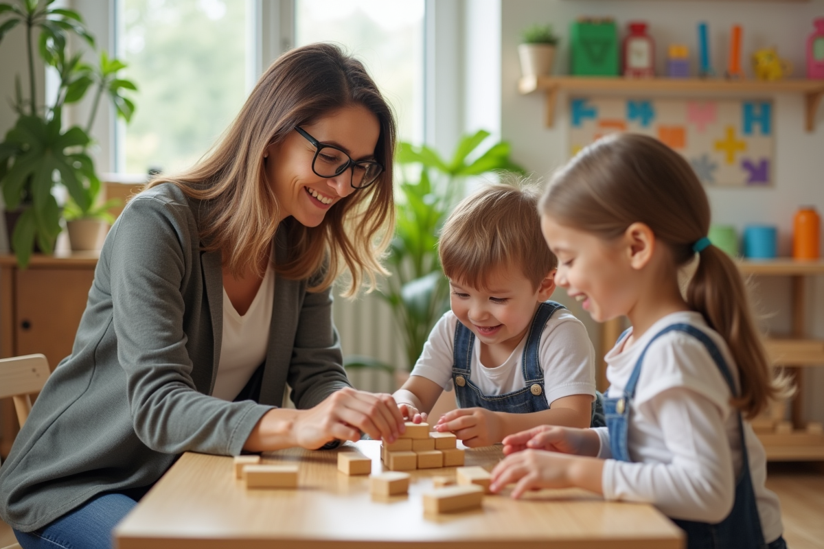 Enseignante aidant deux enfants avec des blocs en classe