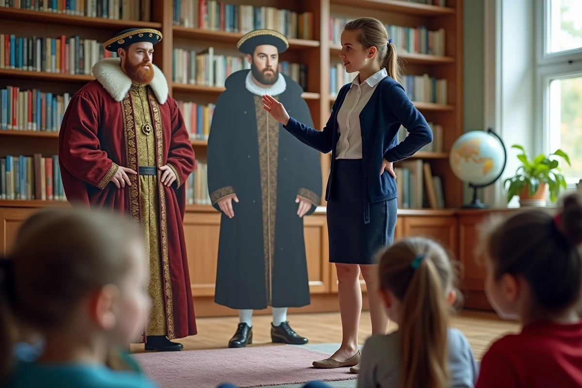 Enseignante montrant une silhouette de Henry VIII &agrave; des enfants en biblioth&egrave;que