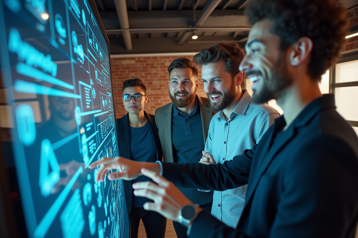 Groupe de quatre professionnels IT discutant autour d’un écran tactile