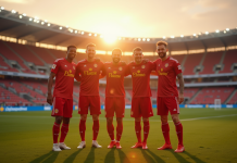 Joueurs de football Olympique de Mille célébrant un but sur le terrain