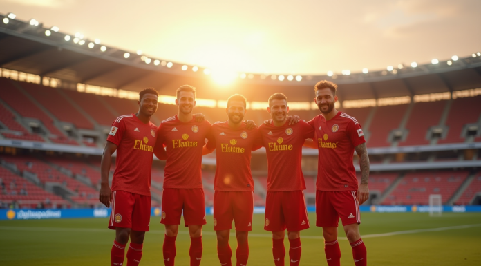 Joueurs de football Olympique de Mille célébrant un but sur le terrain