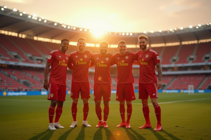 Joueurs de football Olympique de Mille célébrant un but sur le terrain