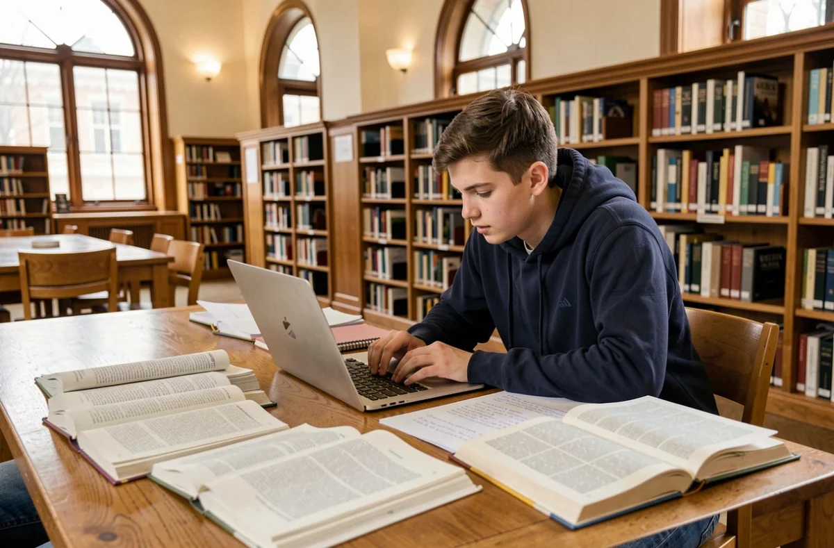 Étudiant en bibliothèque universitaire organisant ses semaines de cours avec des manuels et un ordinateur portable