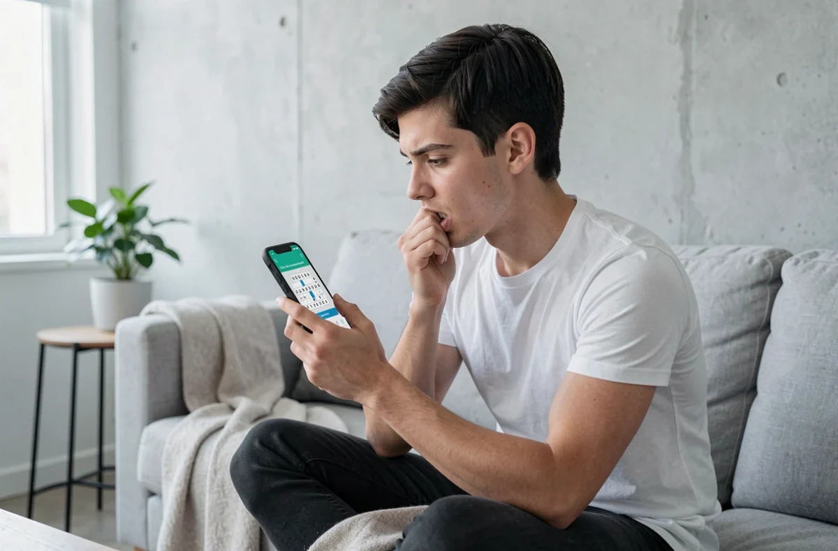 Jeune adulte concentré sur la recherche du mot de passe quotidien CodyCross sur smartphone dans un appartement moderne
