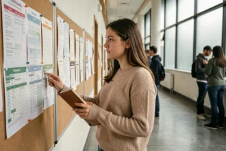 Étudiante en filière universitaire consultant un planning de cours affiché dans un couloir de faculté