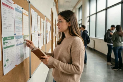 Étudiante en filière universitaire consultant un planning de cours affiché dans un couloir de faculté