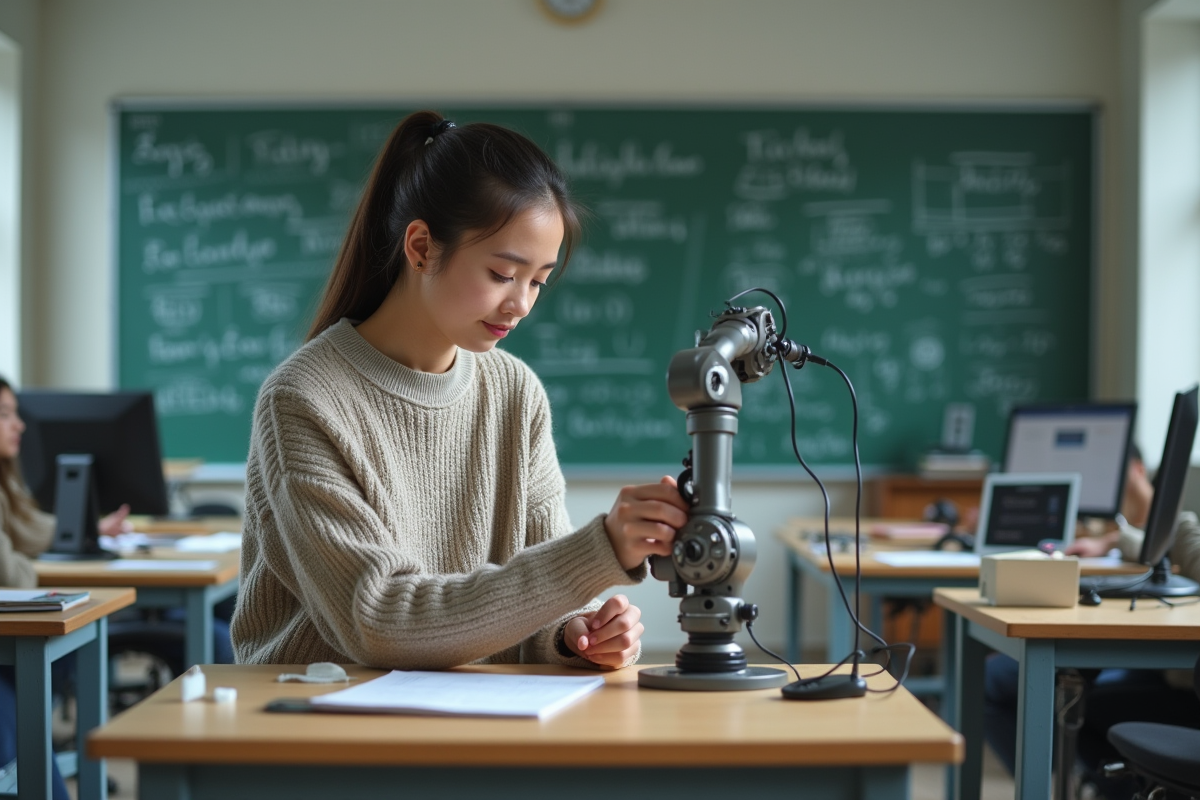 Etudiante en classe assemblant un bras robotique