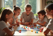 Famille heureuse jouant à un jeu de société dans le salon