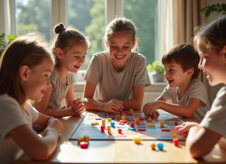 Famille heureuse jouant à un jeu de société dans le salon