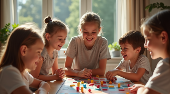 Famille heureuse jouant à un jeu de société dans le salon