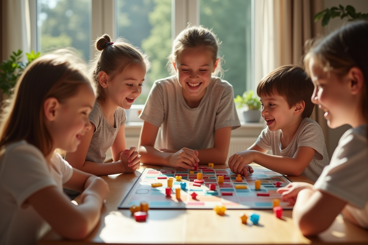Famille heureuse jouant à un jeu de société dans le salon
