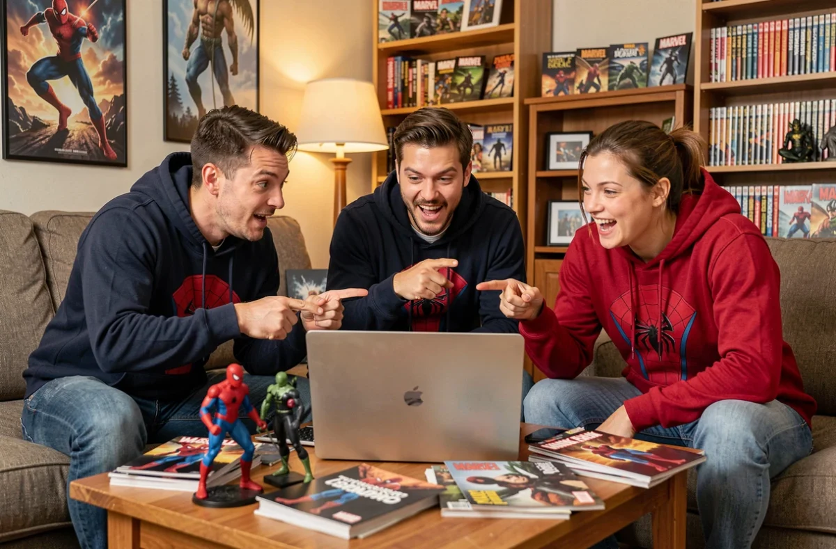 Groupe de fans Marvel en hoodies Spider-Man réunis autour d'un ordinateur portable dans un salon décoré de figurines et posters