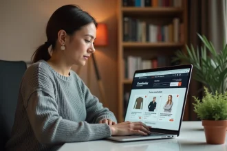 Femme utilisant une plateforme d'achat en ligne sécurisée sur ordinateur portable, alternative fiable à Wifrad