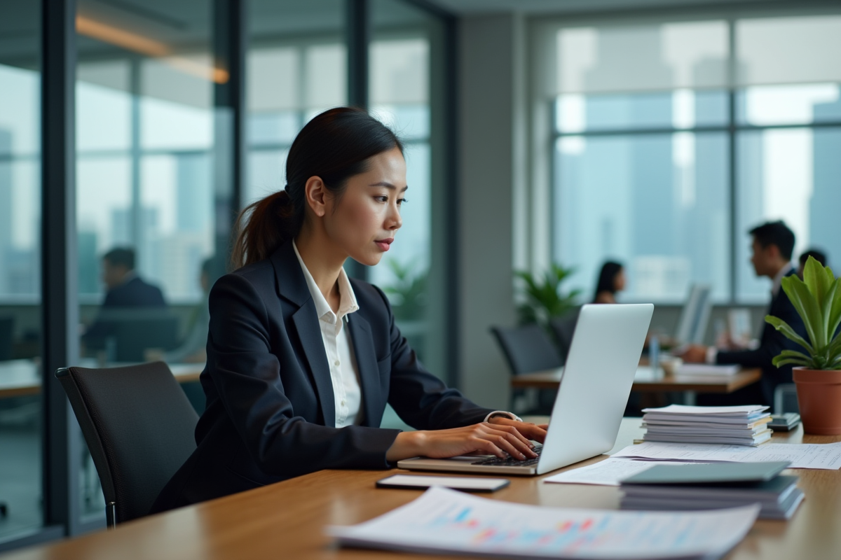 Femme d'affaires asiatique analysant des graphiques financiers