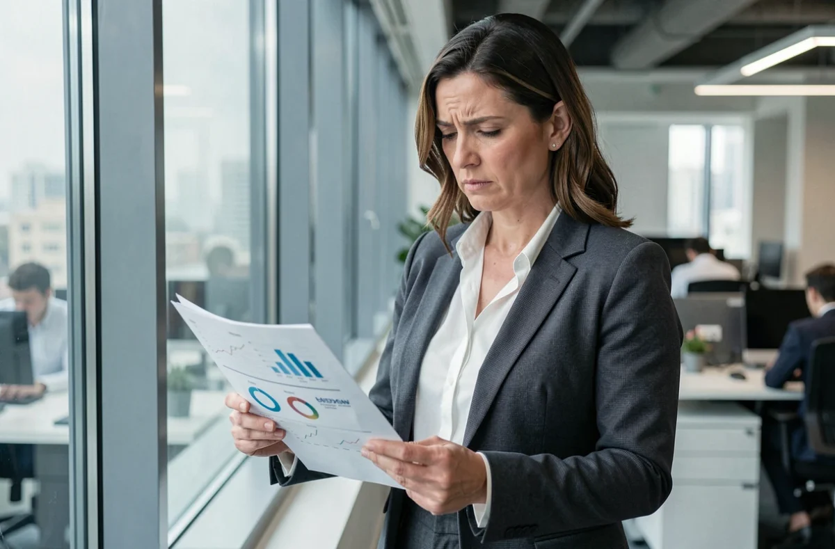 Femme professionnelle analysant un document financier douteux dans un bureau moderne