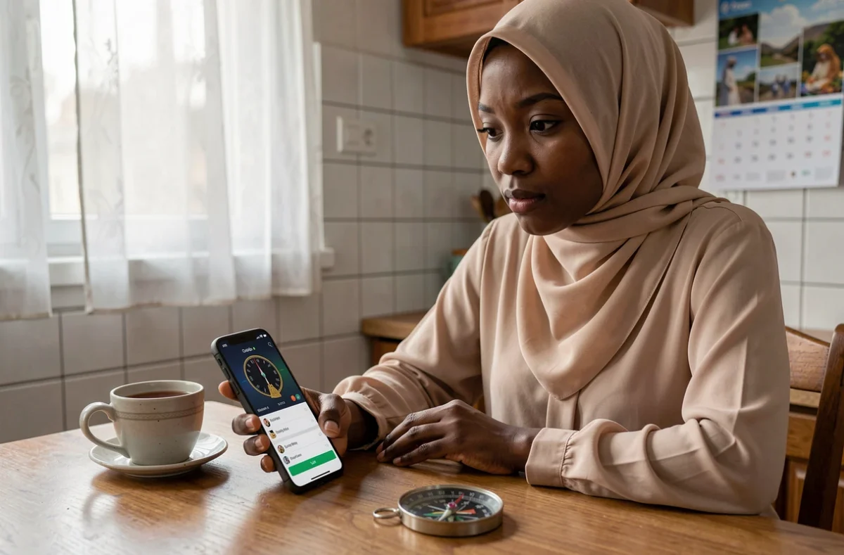 Jeune femme consultant une application des heures de prière sur son téléphone dans une cuisine
