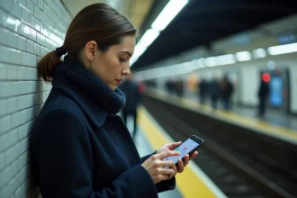 Femme consultant l'application RATP en temps réel sur son smartphone dans le métro parisien en 2026
