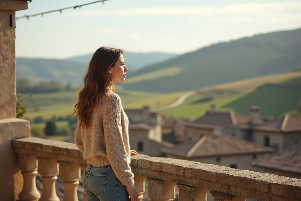 Jeune femme sur balcon avec paysage rural