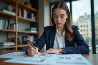 Jeune femme d'affaires analysant un tableau dans son bureau
