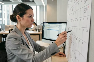 Femme au bureau marquant un calendrier mural pour planifier les semaines paires et impaires 2026