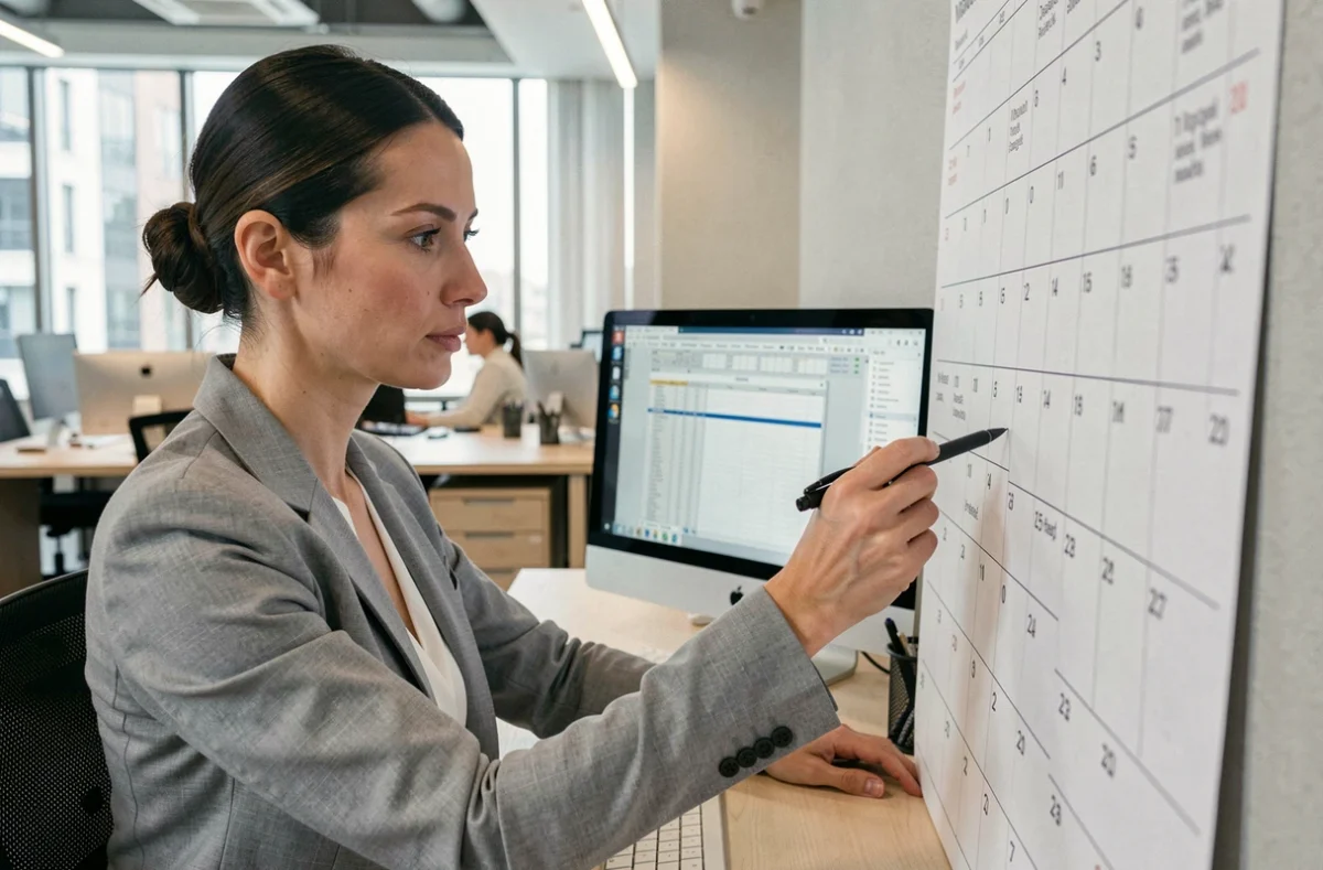 Femme au bureau marquant un calendrier mural pour planifier les semaines paires et impaires 2026