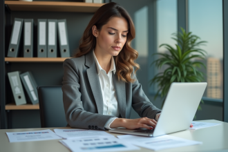 Femme en tenue professionnelle dans un bureau moderne