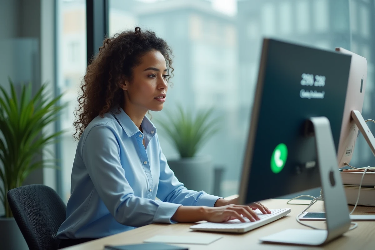 Femme au bureau regardant un appel sur son ordinateur