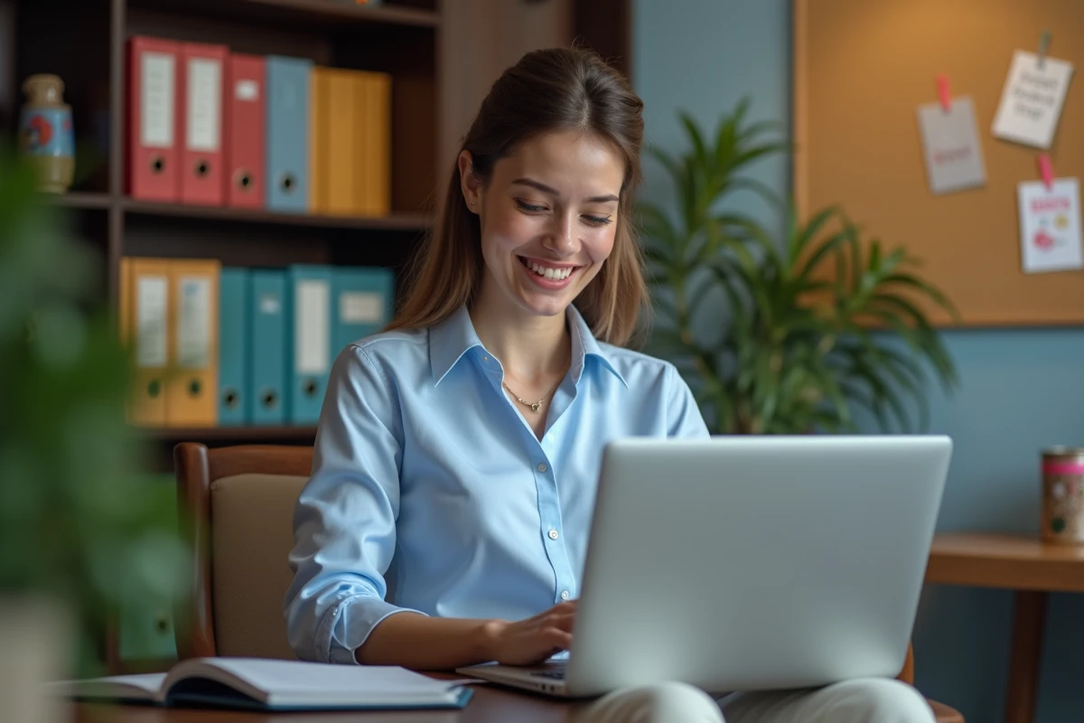 Jeune femme au bureau réagissant à un GIF d